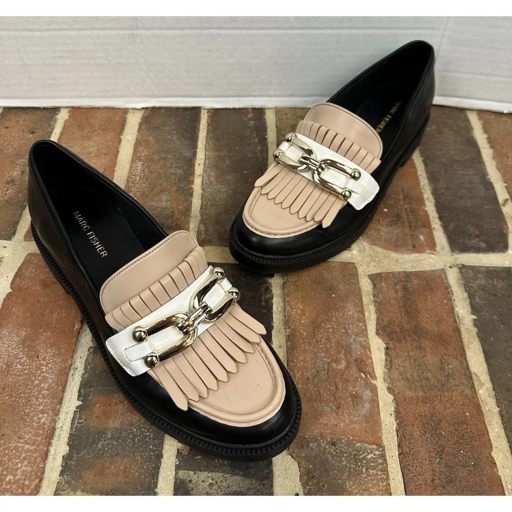 Marc Fisher Calisto Kiltie Fringe Loafers Black Beige White Gold Chain Women 9.5